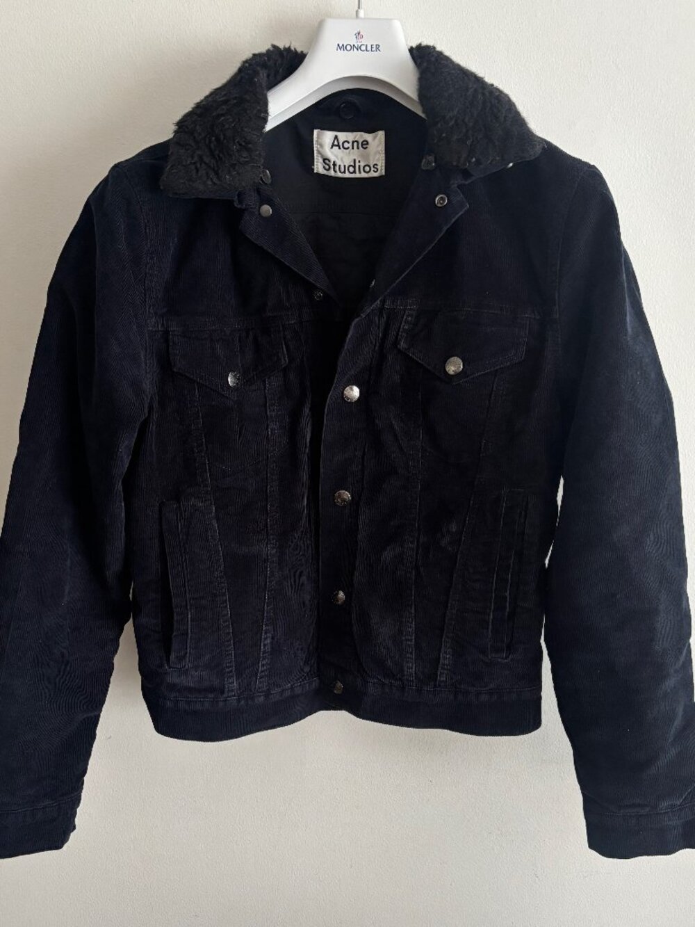 $1250 Acne Studios Black Corduroy Trucker Jacket Faux Fur Collar- 46/ Small